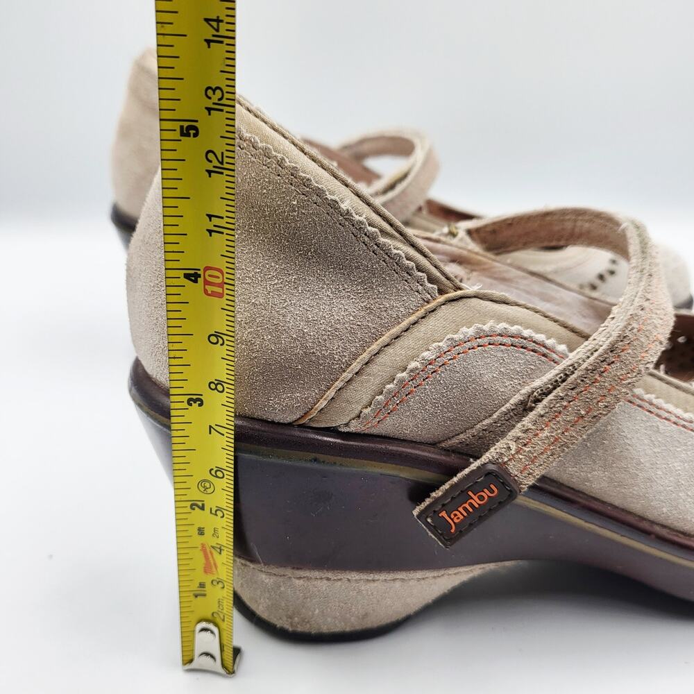 Jambu Lido Gray Beige Brown Orange Trim Suede Mary Jane Wedges Women's Size 7 - Picture 11 of 11